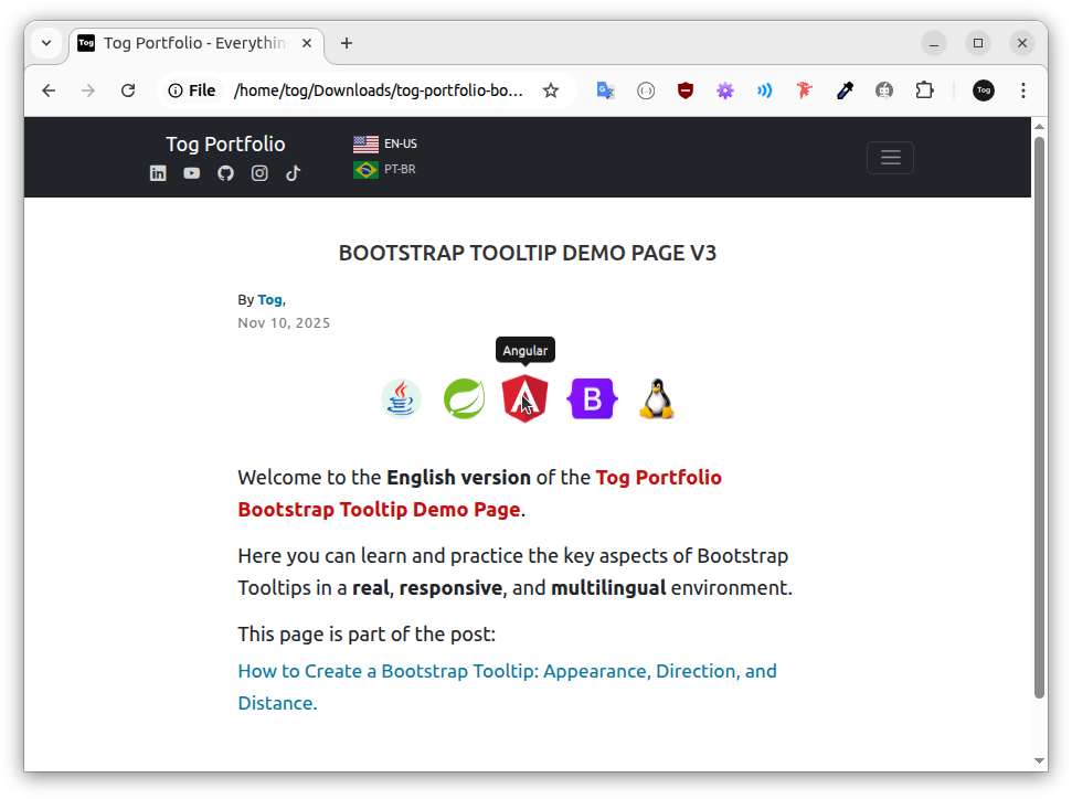 Modo Desktop (padrão) com ponteiro do mouse sobre o logo Angular