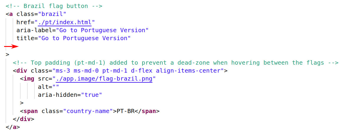 código real de um Flag button, com seta vermelha indicando o local reservado aos atributos da tooltip Bootstrap
