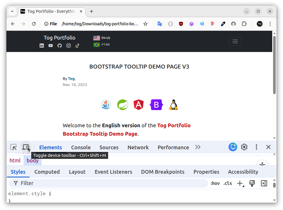 botão Toggle Device Toolbar da DevTools