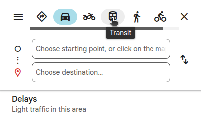 Tooltip shown for the Transit button on Google Maps