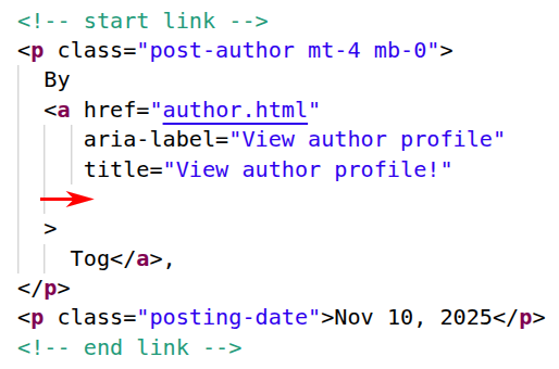 código real do link conheça mais sobre o autor, com seta vermelha indicando o local reservado aos atributos da tooltip Bootstrap