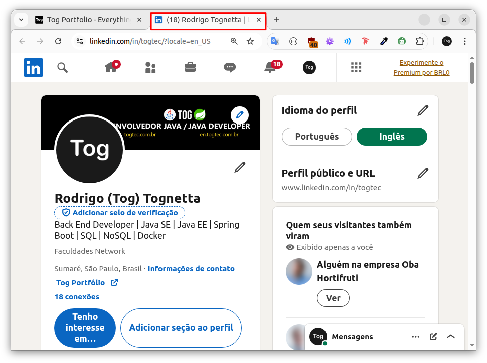 perfil do LinkedIn aberto em uma nova aba do navegador
