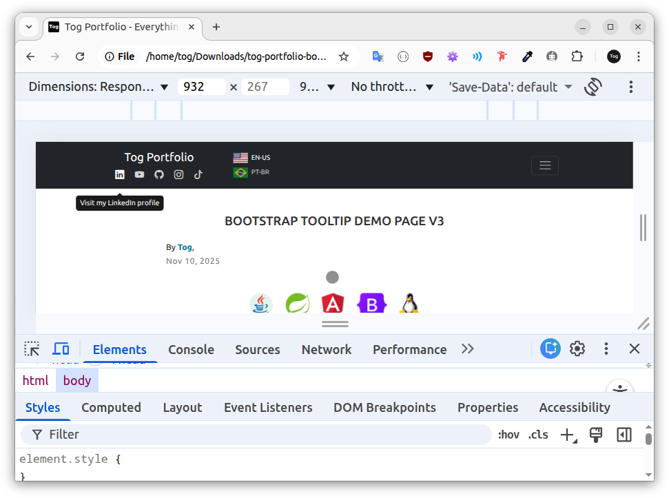 tooltip do botão LinkedIn em exibição no Modo de Simulação de Dispositivos